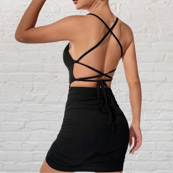 Just Quella Spaghetti Strap Criss Cross Tie Back Mini Dress - Picture 3 of 3